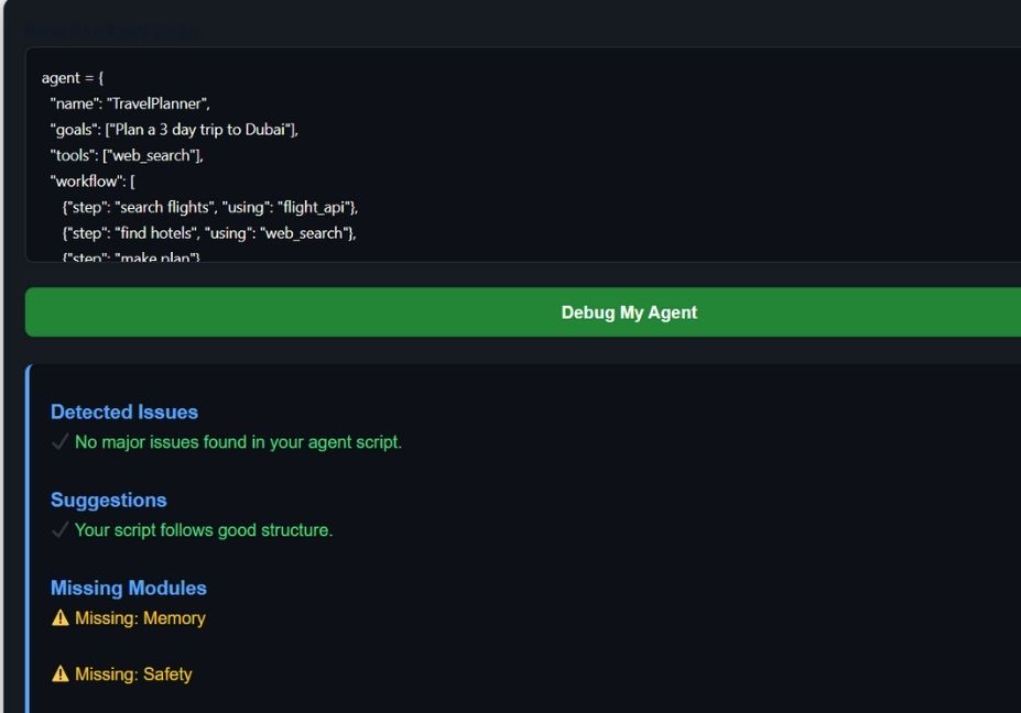 Screenshot of AI agent debugger fixing algorithm and workflow errors