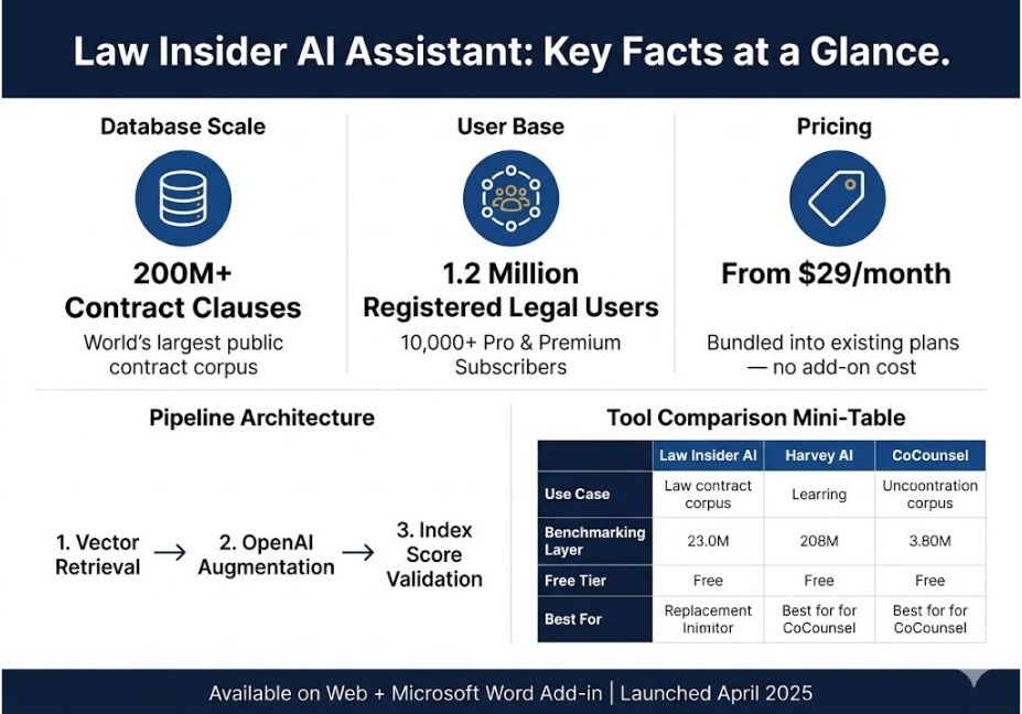 Infographic summarizing Law Insider AI Assistant's key facts: 200M+ contract clauses, 1.2M users, pricing from $29/month, pipeline architecture, and a competitor comparison table.