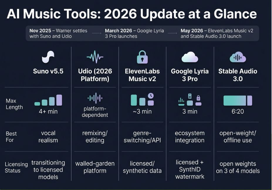 omparison chart of 2026 AI music tools by length, use case, and licensing.