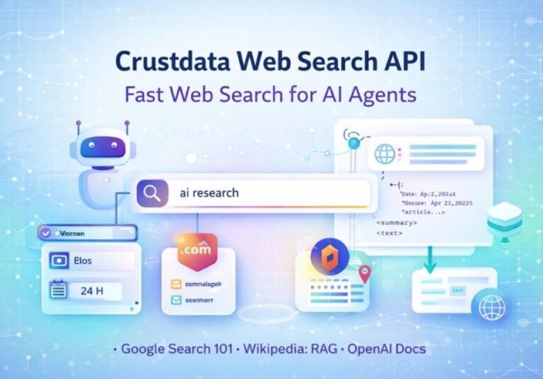 Crustdata Web Search API banner showing a robot, a search bar, and icons for domain filtering, 24-hour date filter, geo filters, and Fetch API content extraction.