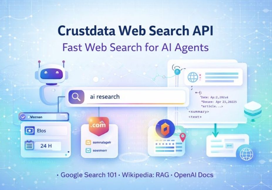 Crustdata Web Search API banner showing a robot, a search bar, and icons for domain filtering, 24-hour date filter, geo filters, and Fetch API content extraction.