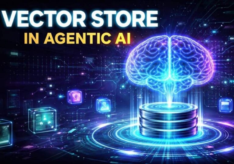 Futuristic illustration showing a glowing AI brain connected to a digital vector database, representing vector stores in agentic AI and long-term memory.