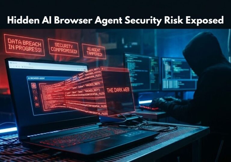 AI browser agent security risk visualization with cyber attack and data breach scene