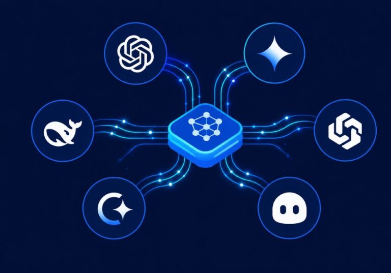 Minimalist vector illustration of connected AI platform logos linked by glowing blue data lines on a dark navy background.