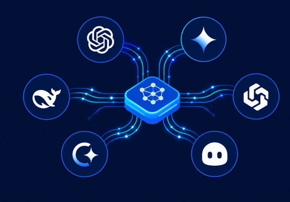 Minimalist vector illustration of connected AI platform logos linked by glowing blue data lines on a dark navy background.