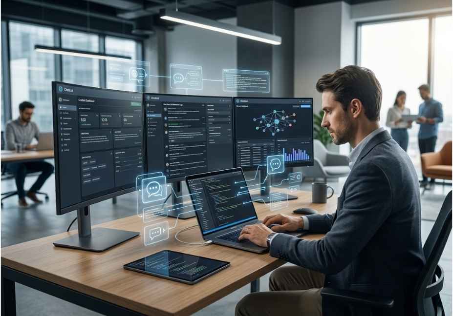 Developer working on AI chatbot dashboards and code.