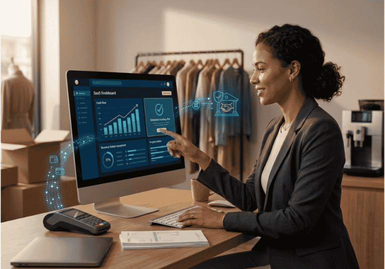 SMB owner reviews embedded revenue-based financing dashboard in retail software