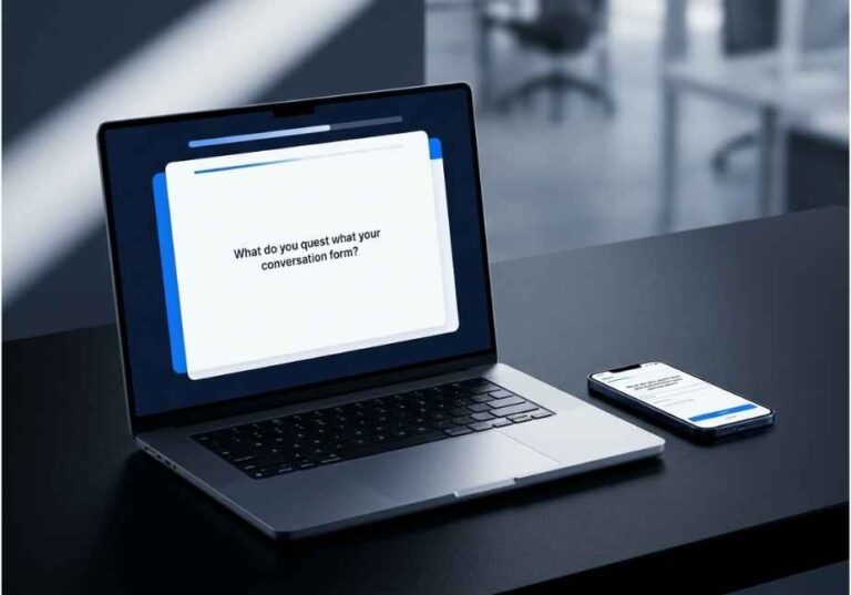 Conversational form builder interface displayed on a MacBook and iPhone on a dark desk