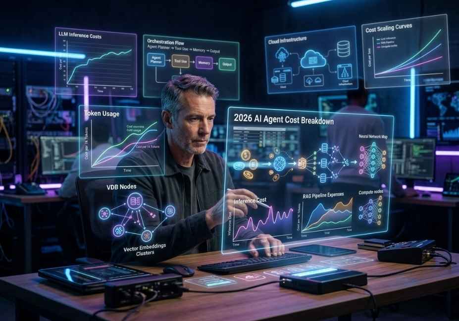 AI engineer analyzing holographic dashboards showing AI agent cost breakdown in futuristic workspace (2026).