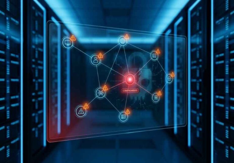 Compromised AI agent network visualization in server room showing multi-agent security breach