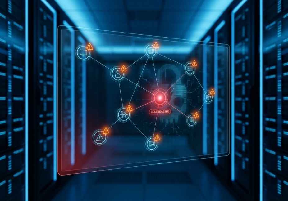 Compromised AI agent network visualization in server room showing multi-agent security breach