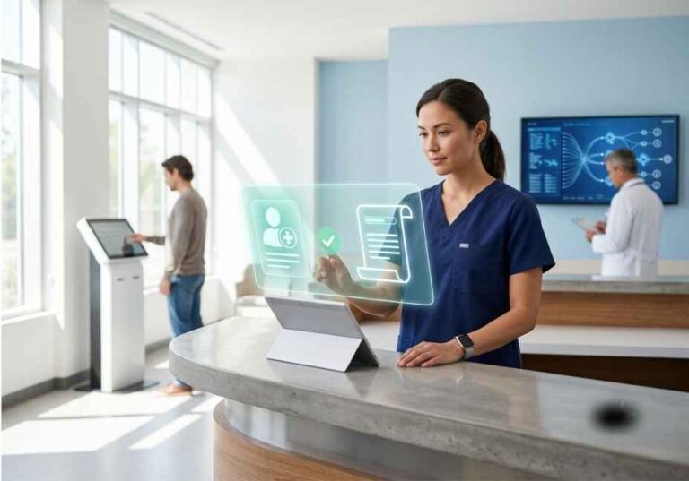 Nurse using AI-powered tablet interface for patient intake automation in a modern healthcare clinic.