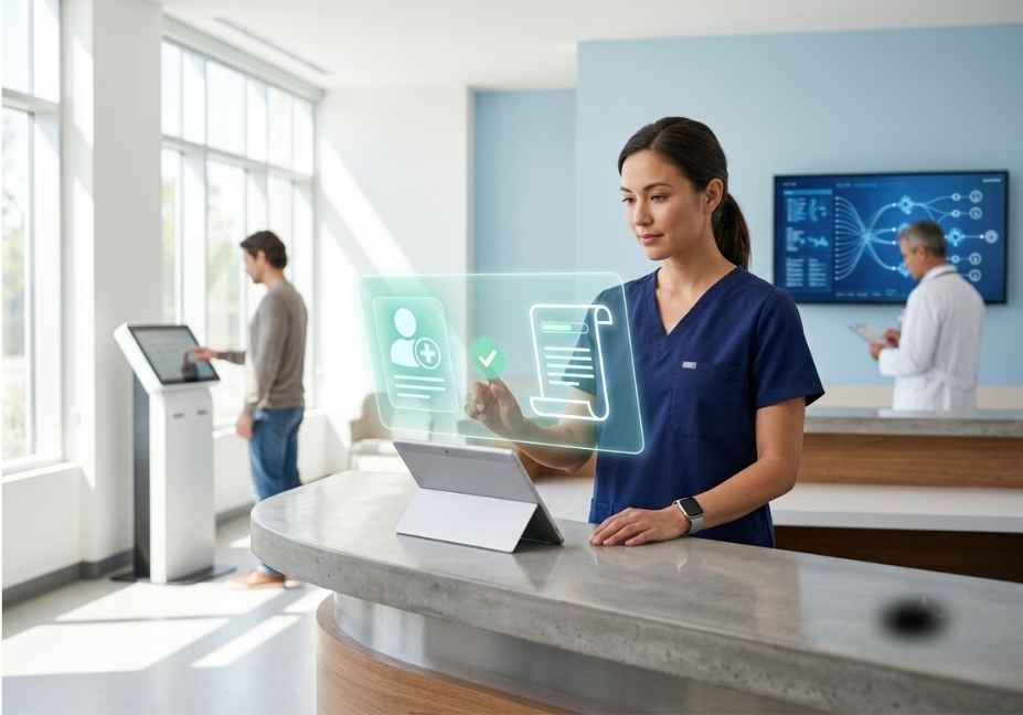 Nurse using AI-powered tablet interface for patient intake automation in a modern healthcare clinic.