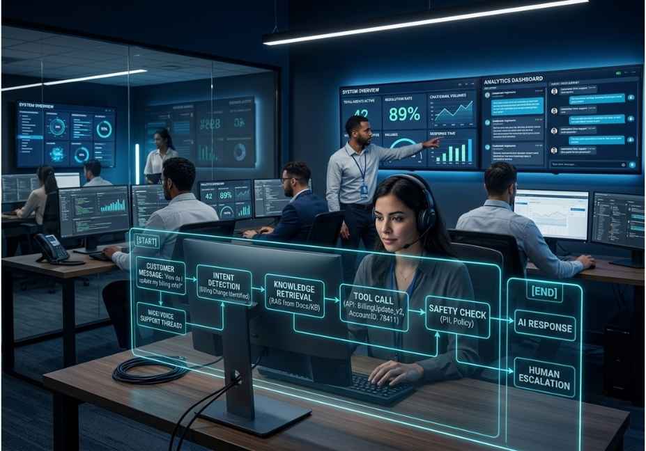 AI customer service team reviewing Ada-style support dashboards and agent workflow automation.