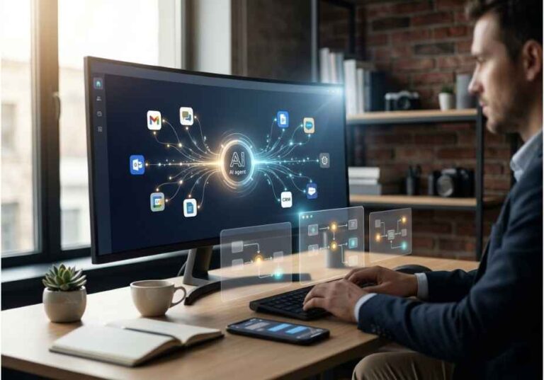 Professional using Assista AI dashboard with connected app integrations on a curved monitor.