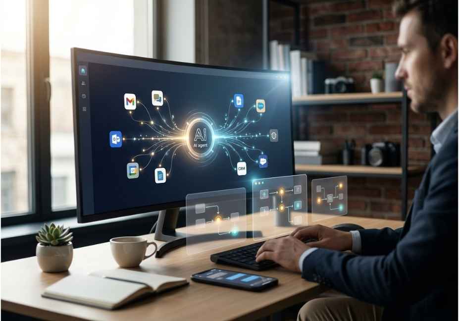 Professional using Assista AI dashboard with connected app integrations on a curved monitor.