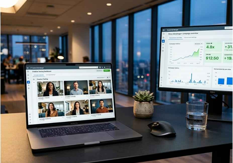 AI UGC video software dashboard showing Facebook ad creative testing with Meta Advantage+ metrics