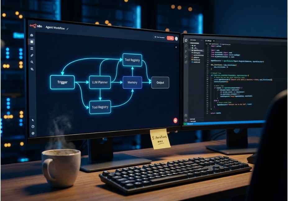 Alt text: Developer workstation showing an AI agent workflow diagram in n8n and LangChain Python code for best workflow automation software in 2026