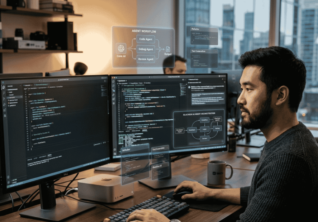 Editorial image of a developer interacting with AI knowledge hub interface
