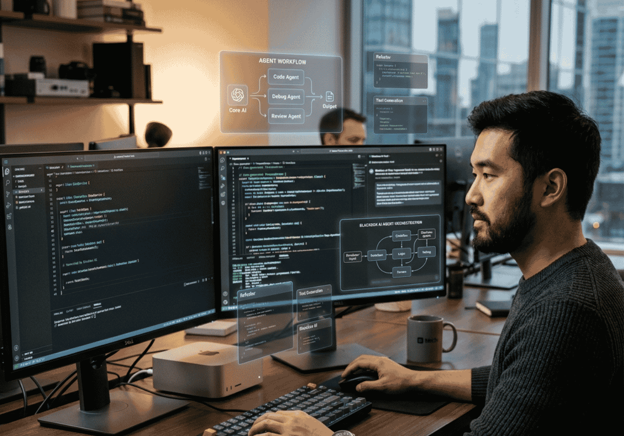 Editorial image of a developer interacting with AI knowledge hub interface