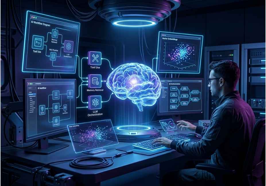 AI engineer working with holographic neural interface showing agentic AI workflows and vector-based memory systems.