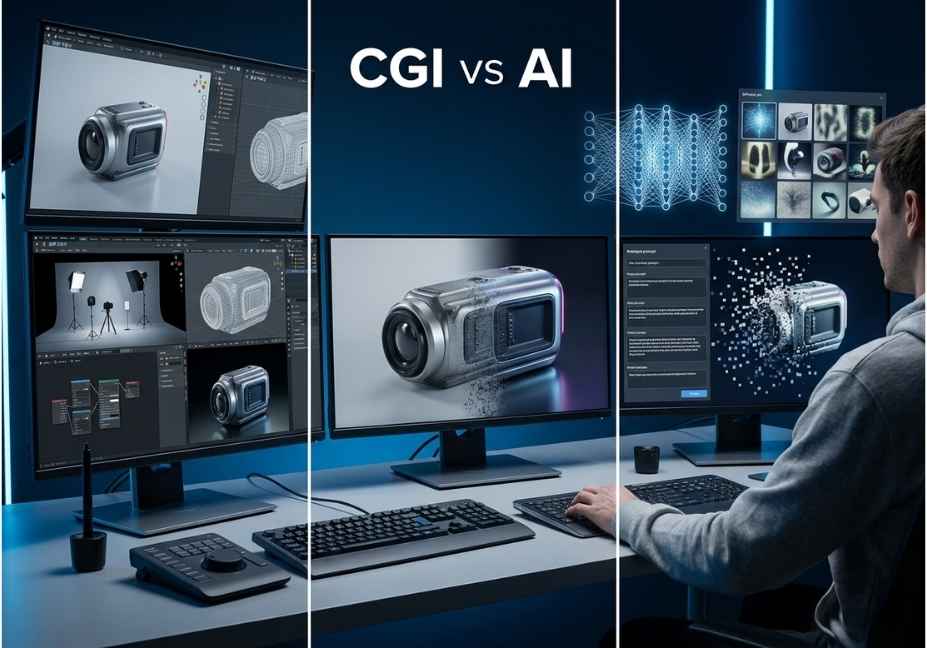 CGI vs AI image creation workflow comparison on computer screens.