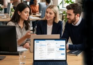 Team of professionals reviewing Microsoft 365 Copilot interface on a laptop in a modern office
