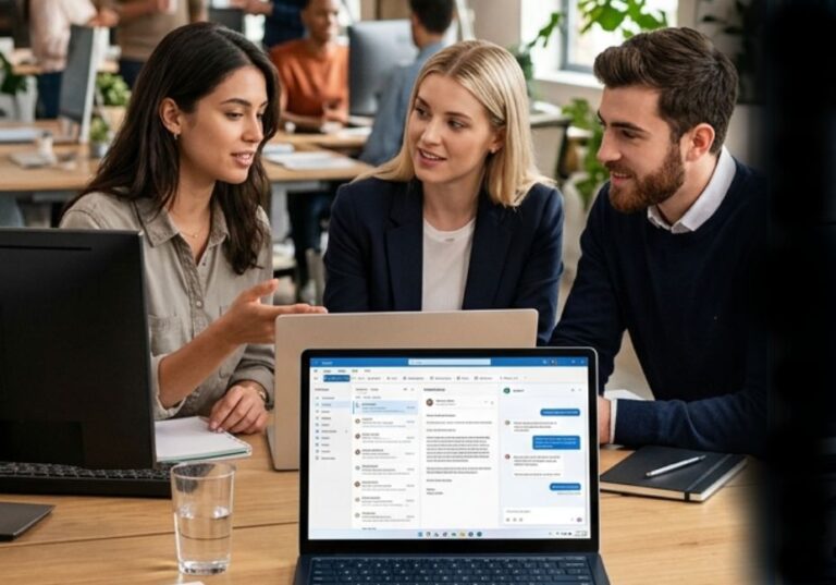 Team of professionals reviewing Microsoft 365 Copilot interface on a laptop in a modern office