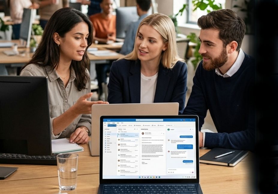 Team of professionals reviewing Microsoft 365 Copilot interface on a laptop in a modern office