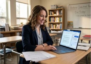 Teacher using Microsoft 365 Copilot for Education on a laptop in a classroom