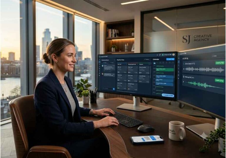 Agency owner setting up GoHighLevel AI Employee on dual monitors showing Conversation AI dashboard and Voice AI call log