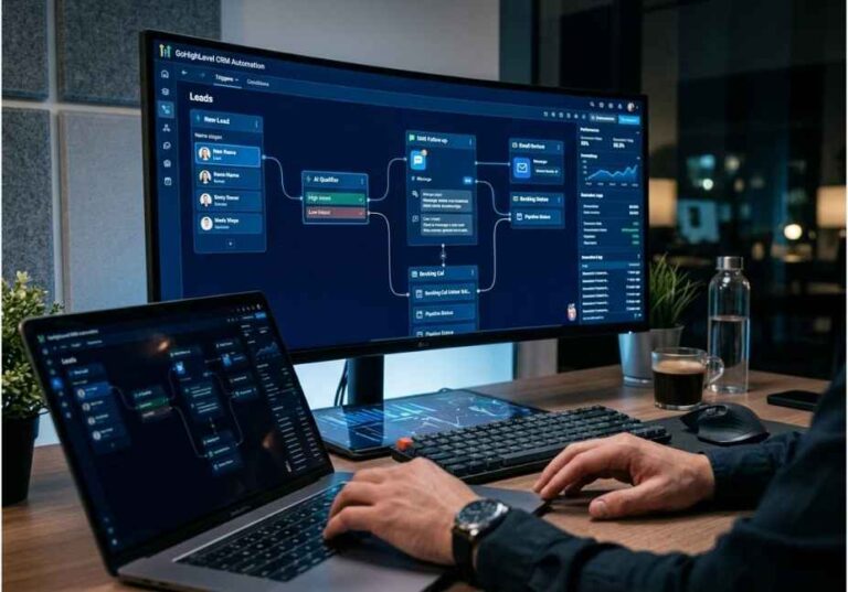 A person working on a GoHighLevel AI automation dashboard.