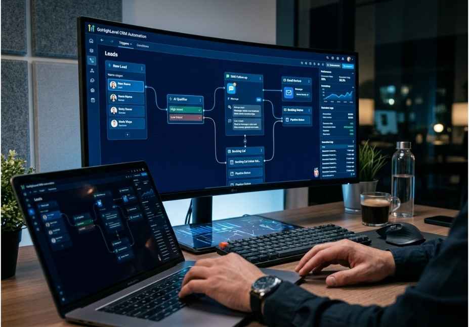 A person working on a GoHighLevel AI automation dashboard.
