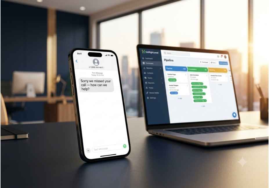 GoHighLevel missed call text back SMS notification on iPhone with GHL CRM pipeline dashboard on laptop in modern office