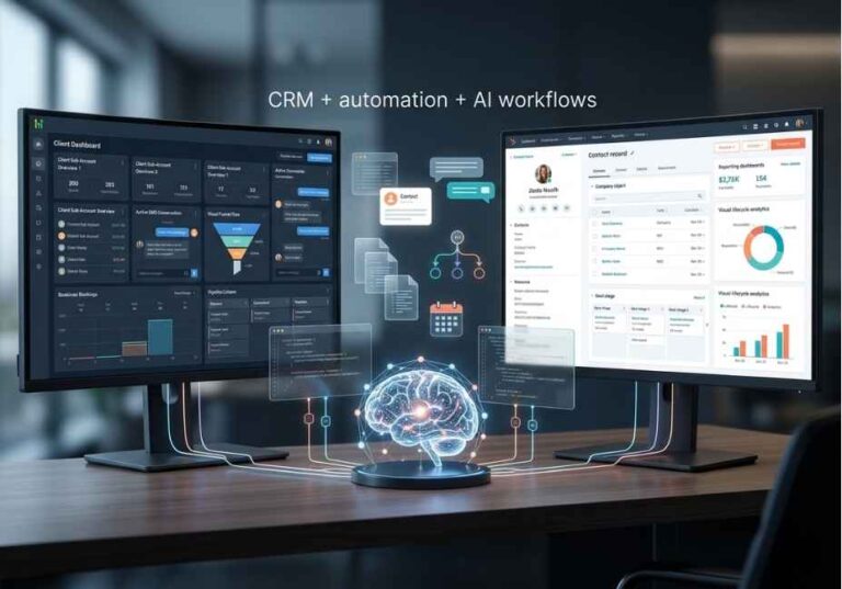 GoHighLevel vs HubSpot CRM automation dashboard with AI workflow connections