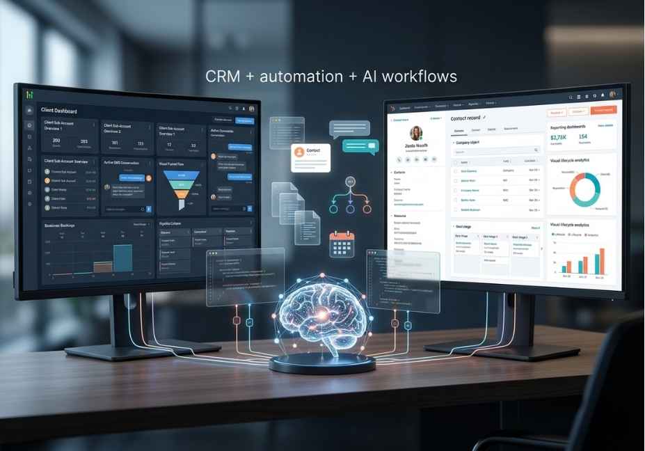 GoHighLevel vs HubSpot CRM automation dashboard with AI workflow connections