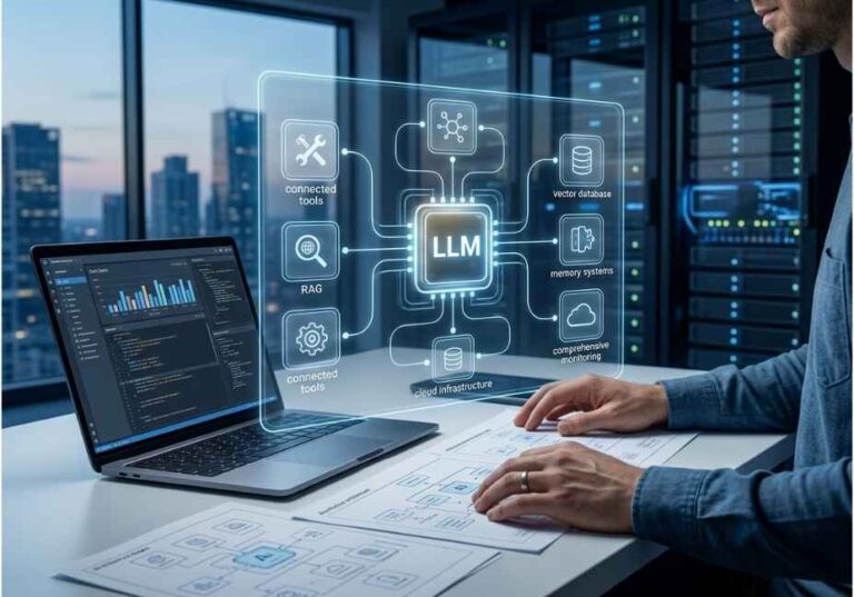 AI agent architecture with LLM, RAG, tools, memory, vector database, and cloud infrastructure.