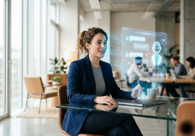 Professional woman interacting with a holographic AI assistant interface in a modern office