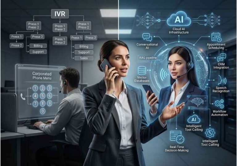Business professional comparing traditional IVR and AI phone agent technology