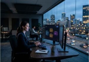 Jasper AI agentic marketing platform dashboard displayed on monitor in modern enterprise office