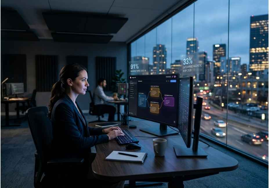 Jasper AI agentic marketing platform dashboard displayed on monitor in modern enterprise office