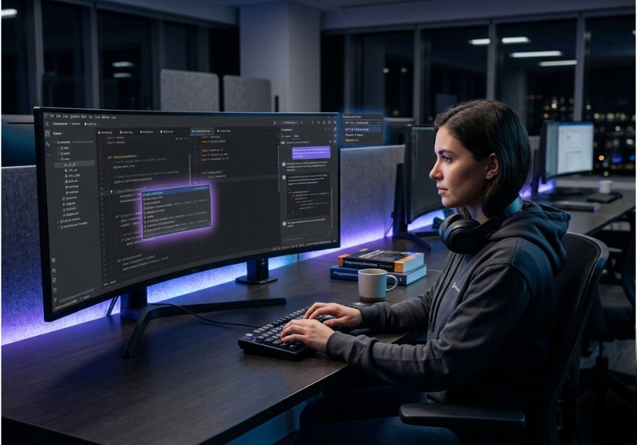Developer using JetBrains AI Assistant with Claude and GPT models in IntelliJ IDEA at night