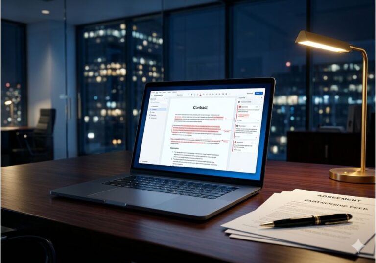 Laptop showing AI contract review software on an office desk at night.