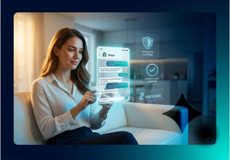 Here are the SEO-optimized alt texts for all 3 images: IMAGE 1 — Featured Image Alt Text: Woman using Lemonade AI chatbot Maya on smartphone for instant insurance policy binding in 90 seconds