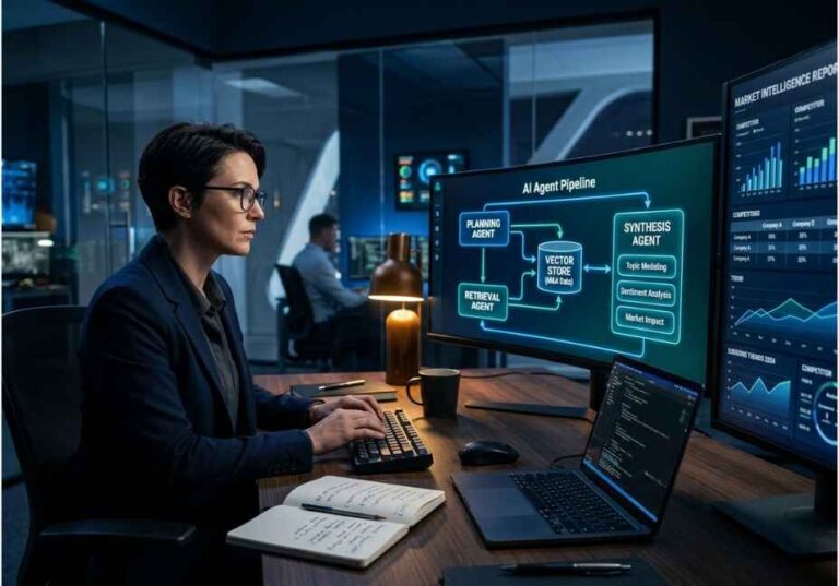 AI engineer analyzing market research strategy template using agentic AI pipeline dashboard