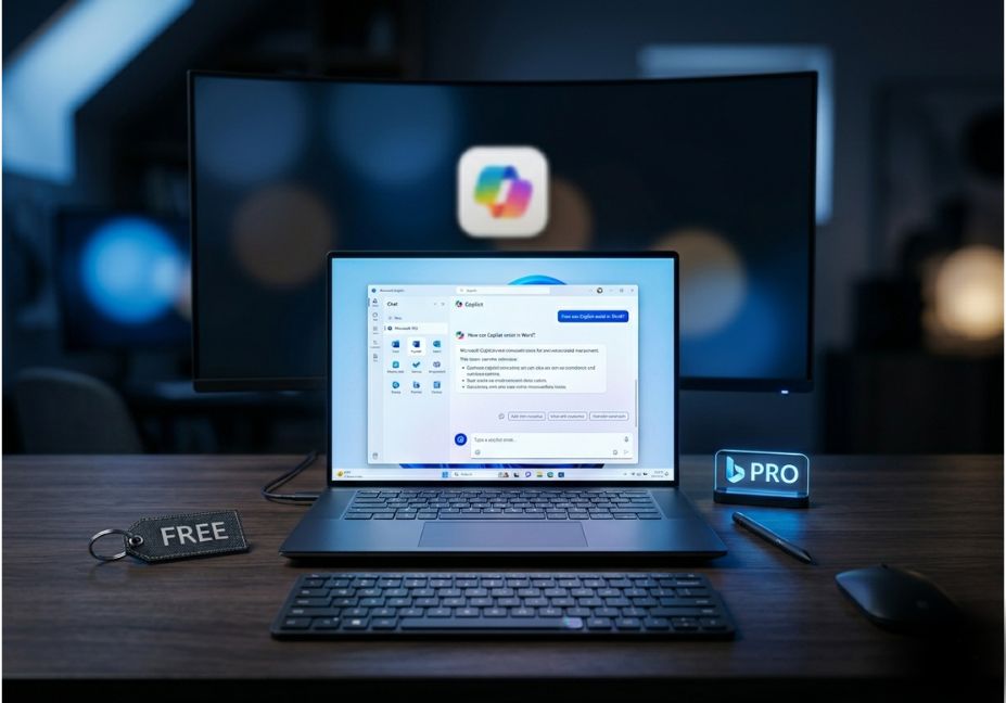 Microsoft Copilot Free vs Copilot Pro comparison on a modern laptop workspace