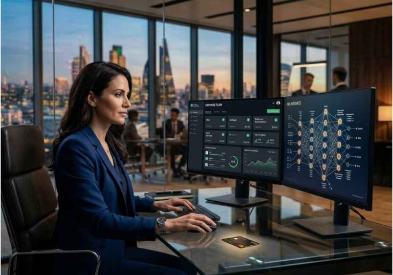 Finance professional reviewing PEX fintech AI expense management dashboard and ML insights on dual monitors in modern corporate office