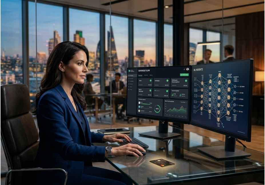 Finance professional reviewing PEX fintech AI expense management dashboard and ML insights on dual monitors in modern corporate office