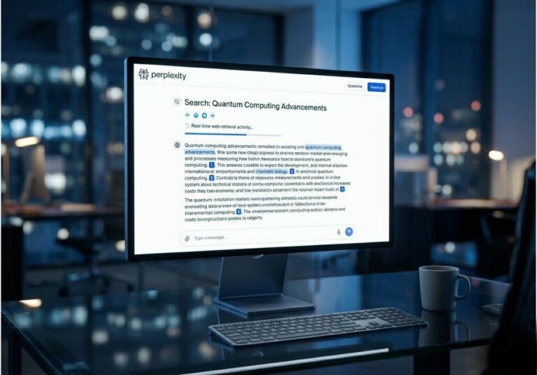 Perplexity AI search interface displaying real-time web retrieval results on a desktop monitor in a modern office