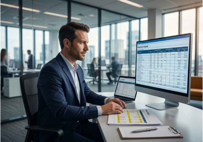 Finance controller reviewing fixed asset register and depreciation schedule on accounting software.